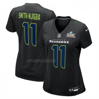 Camiseta NFL Game Mujer Seattle Seahawks Jaxon Smith Njigba Super Bowl LX Patch Negro
