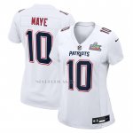 Camiseta NFL Game Mujer New England Patriots Drake Maye Super Bowl LX Patch Blanco1