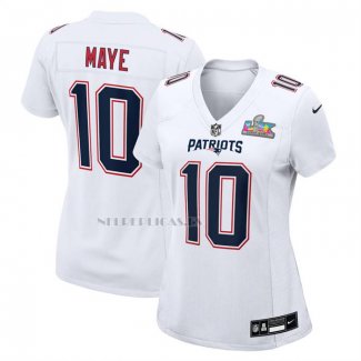 Camiseta NFL Game Mujer New England Patriots Drake Maye Super Bowl LX Patch Blanco1