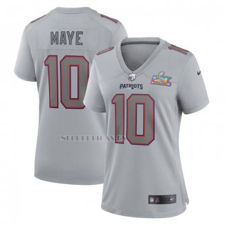 Camiseta NFL Game Mujer New England Patriots Drake Maye Super Bowl LX Patch Gris